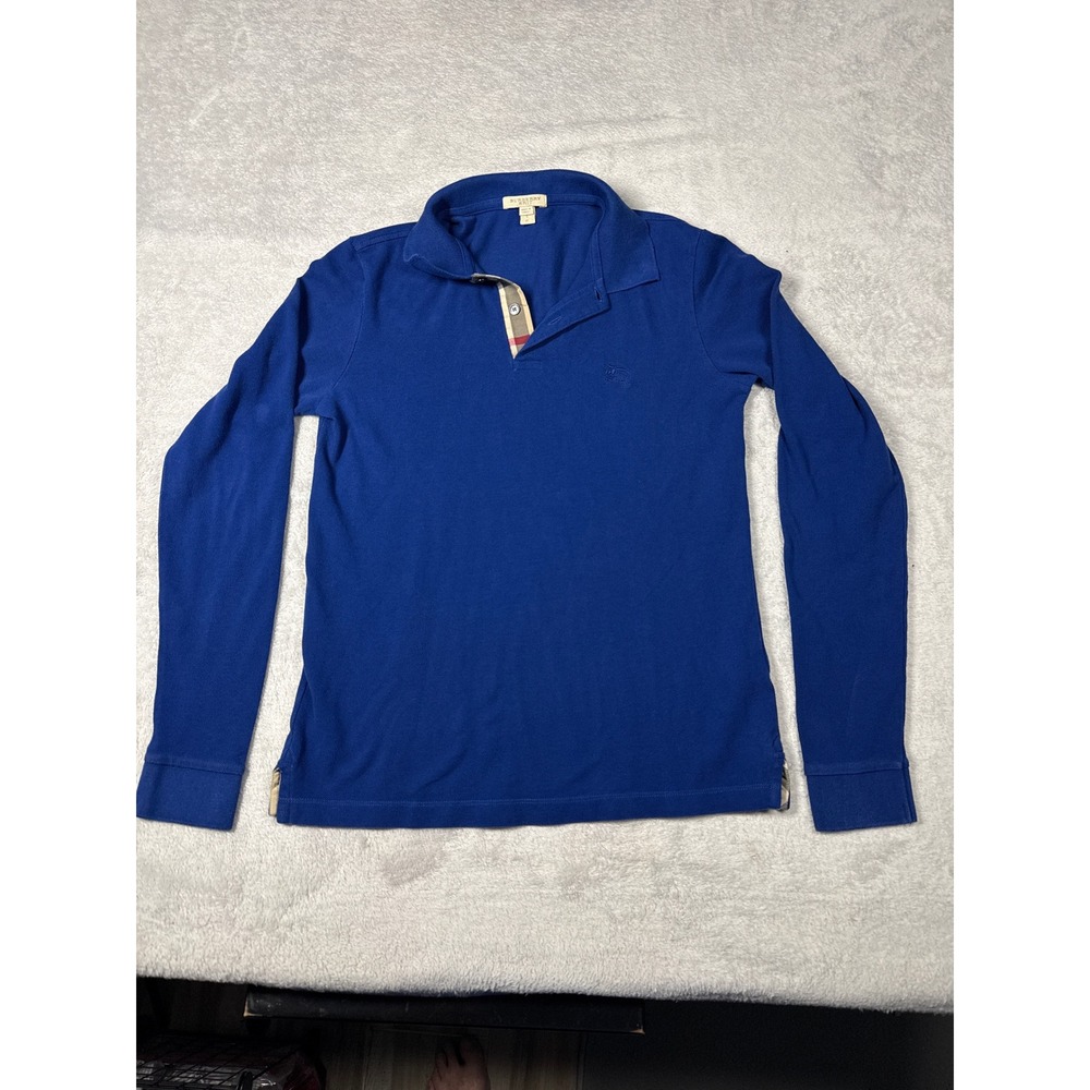 Burberry Brit Polo Shirt Mens S Blue Long Sleeve Nova Check Placket Pique 13766